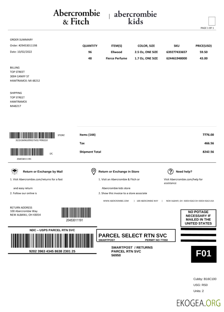 Modèle de facture Abercrombie & Fitch USA au format Word et PDF, entièrement modifiable